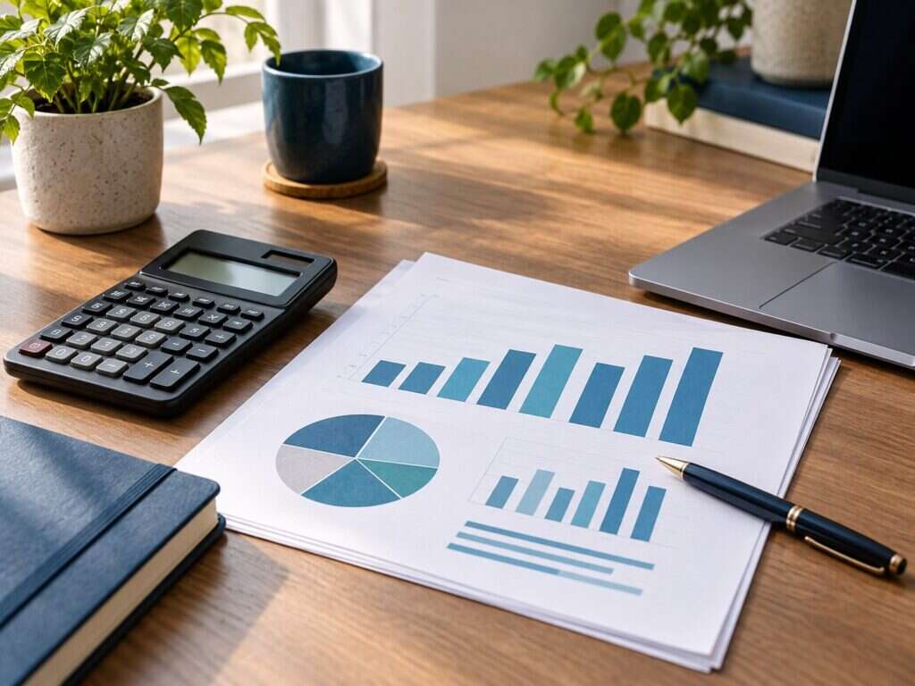 Calculator and printed charts on a desk while reviewing team costs