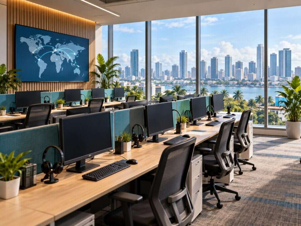 Rows of workstations on an outsourcing operations floor