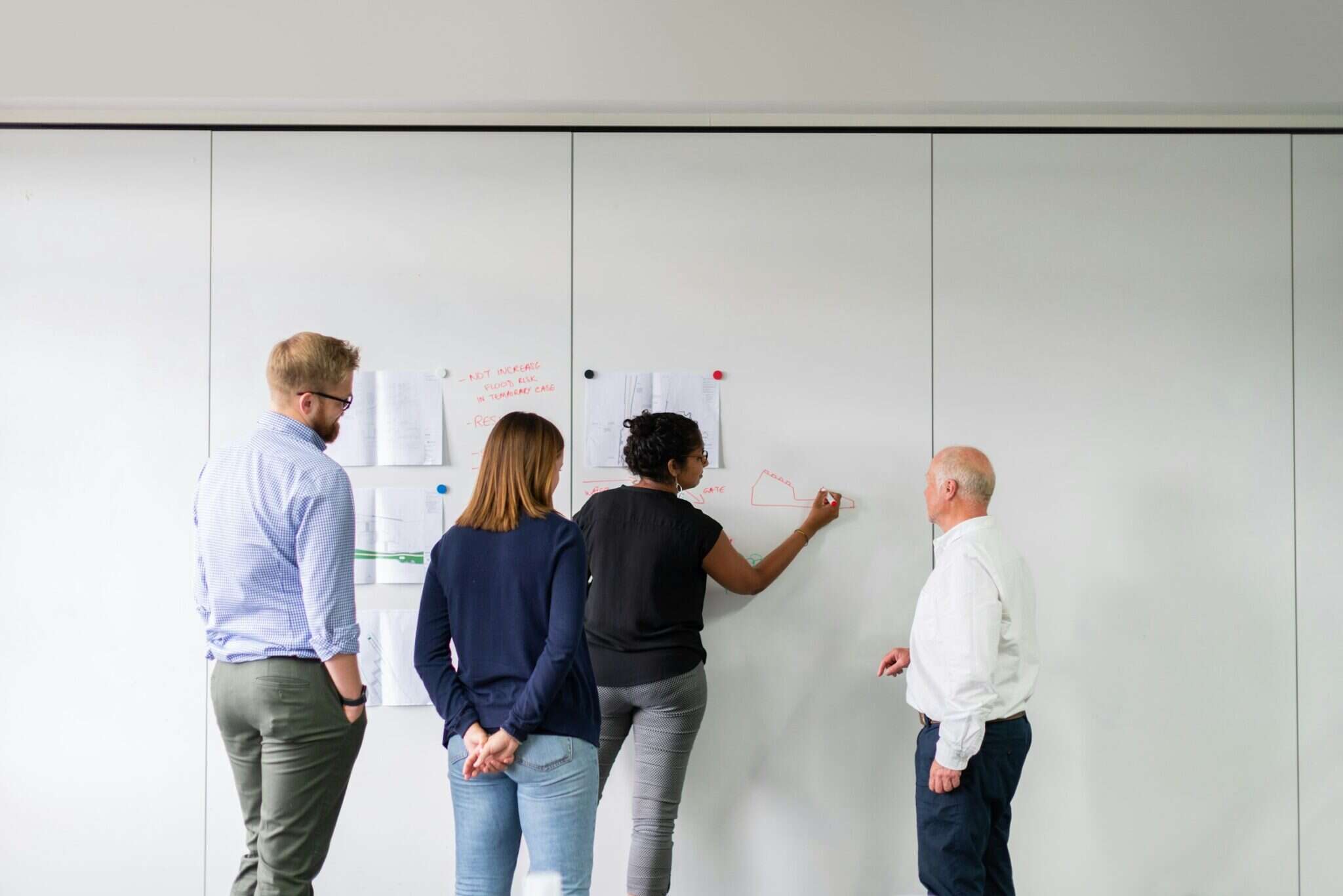 A team of four colleagues mapping out a sales and support process on a whiteboard
